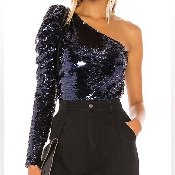 Lovers and Friends Revolve Shaline Black Top Sequin Embellished One Shoulder XS - Picture 2 of 11